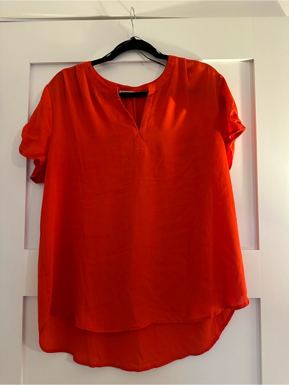 Pleione Bright Red Split-Neck Short Sleeve Blouse